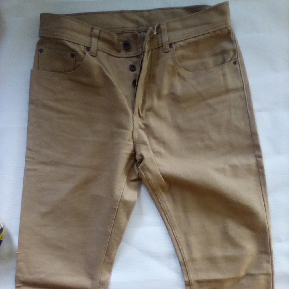 NEW INDIGOGENE CUSTOM SELVEDGE DEMIN JEANS 30 X 32 SLIM FIT TAN